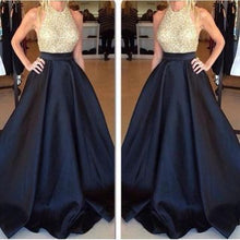 Load image into Gallery viewer, black prom dresses 2020 beaded o neck sleeveless satin elegant prom gown 2021 vestido de longo