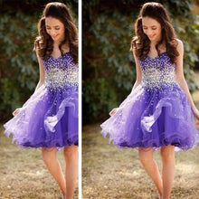 Load image into Gallery viewer, purple homecoming dresses short beaded sweetheart neck sparkly prom dresses cheap graduation dresses