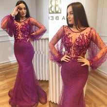 Load image into Gallery viewer, fuchsia beaded evening dresses long flare sleeve 3d flowers mermaid luxury evening formal gown