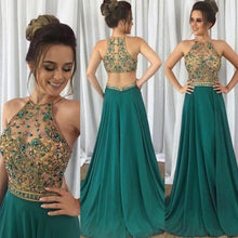 Load image into Gallery viewer, halter green prom dresses long chiffon beaded elegant simple prom gown 2020 senior formal dresses