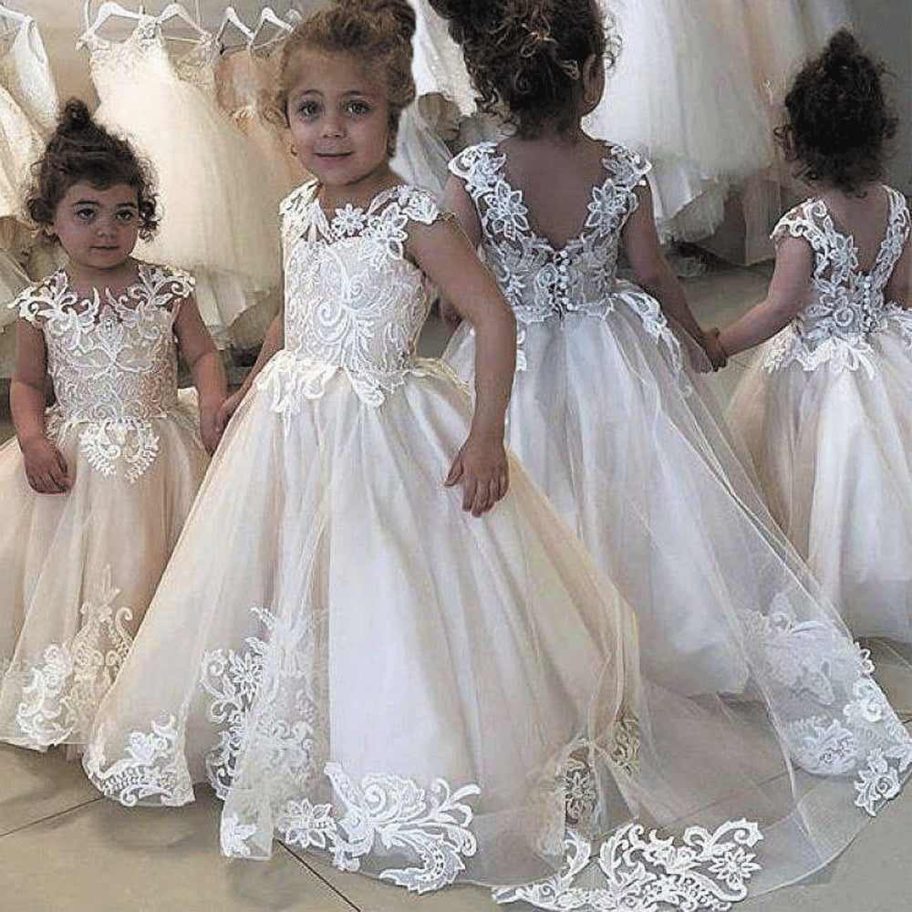champagne flower girl dresses for weddings lace appliqué cute cheap pageant little girl kids ball gown