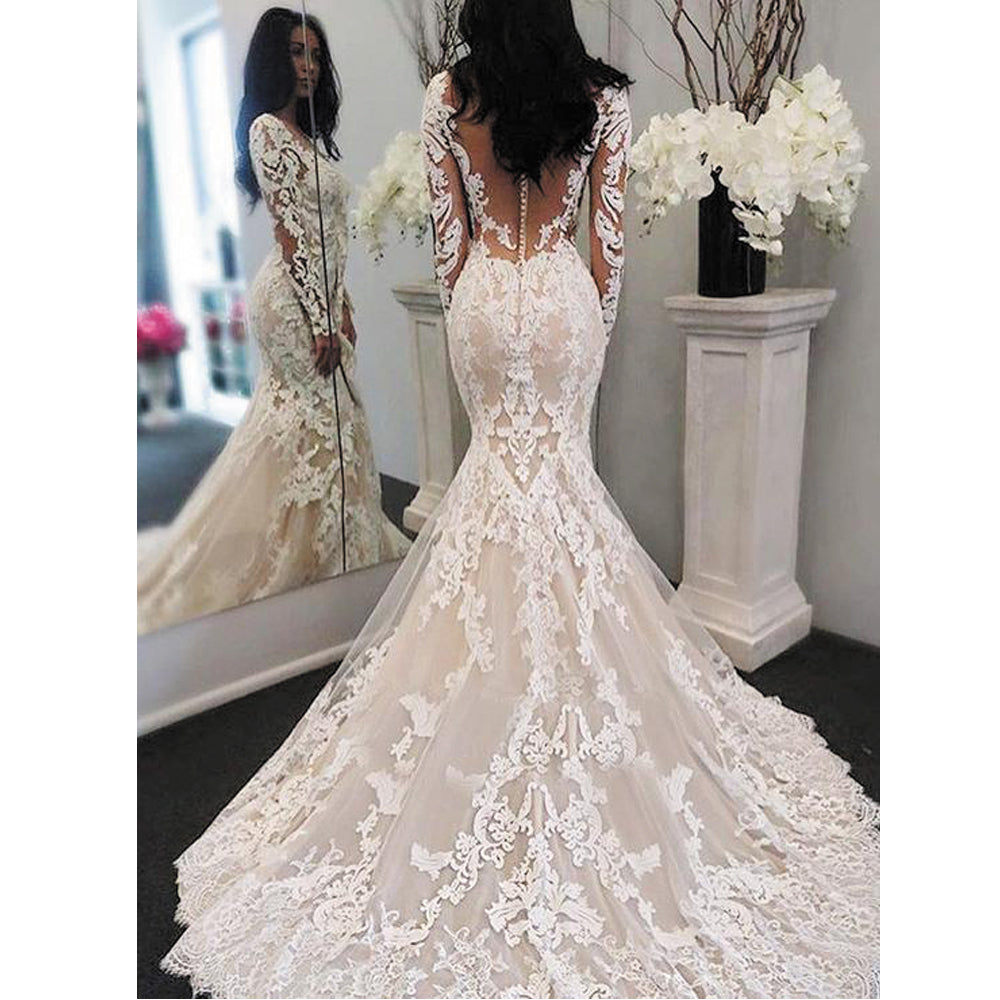 Long Sleeve Lace Applique Wedding Dresses Mermaid Bridal Dresses W0068