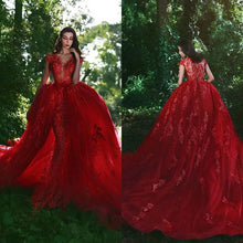 Load image into Gallery viewer, red lace applique prom dresses with detachable skirt elegant modest prom gown 2021 robe de soiree