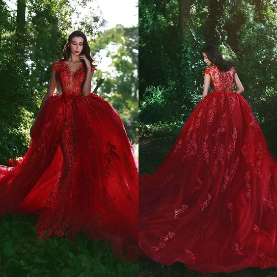 red lace applique prom dresses with detachable skirt elegant modest prom gown 2021 robe de soiree