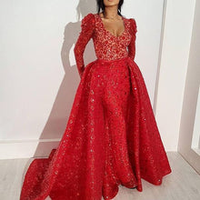 Load image into Gallery viewer, red sparkly prom dresses detachable skirt long sleeve v neck vintage elegant prom gown arabic