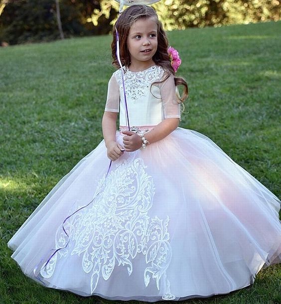 pink flower girl dresses for weddings lace applique beaded kids prom gown vestido de noiva