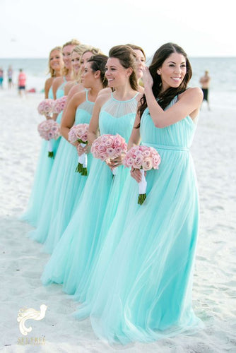 turquoise blue bridesmaid dresses long halter tulle a line cheap custom wedding guest dresses