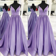 Load image into Gallery viewer, purple prom dresses deep v neck satin elegant cheap simple prom gown long vestido de festa de Longo