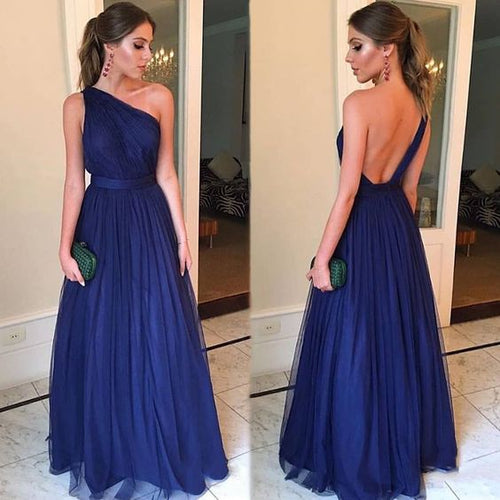 one shoulder prom dresses long royal blue tulle cheap simple prom gown robe de soiree 2021