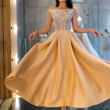 Load image into Gallery viewer, beaded champagne prom dresses 2021 luxury tea length elegant crystals vintage prom gown