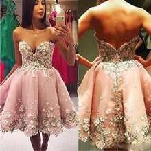 Load image into Gallery viewer, pink floral prom dresses short lace applique cheap graduation dresses vestido de festa de curto