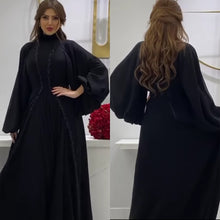 Load image into Gallery viewer, black beaded prom dresses long flare sleeve muslim vintage high neck prom gown abendkleider