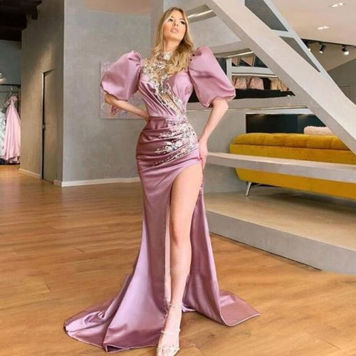 abendkleider 2021 pink evening dresses long satin modest elegant lace applique mermaid evening gown 2022