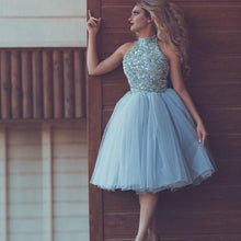 Load image into Gallery viewer, high neck blue prom dresses short 2020 lace appliqué beaded cheap homecoming dresses vestido de graduation