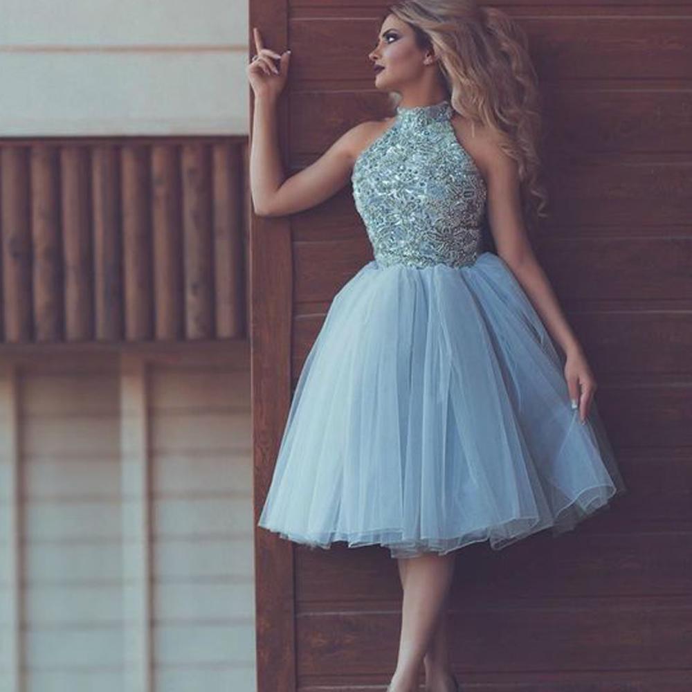 high neck blue prom dresses short 2020 lace appliqué beaded cheap homecoming dresses vestido de graduation