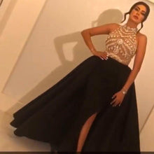 Load image into Gallery viewer, 2020 beaded prom dresses long high neck sleeveless black arabic prom gown 2021 robe de soiree
