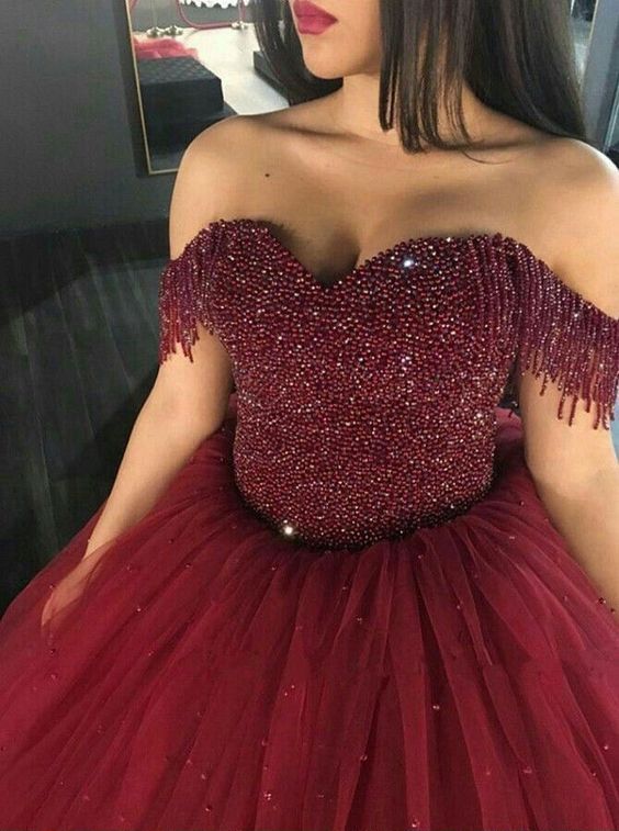 quinceanera dresses 2020 burgundy beaded tassel luxury ball gown prom dresses 2021 robe de soiree