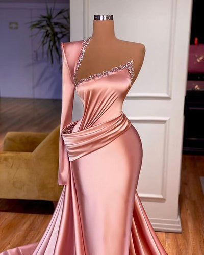 satin pink evening dresses long one shoulder beaded mermaid elegant modest formal dress abendkleider