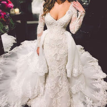 Load image into Gallery viewer, detachable skirt wedding dresses for bride lace appliqué 2020 long sleeve v neck elegant wedding gown 2021