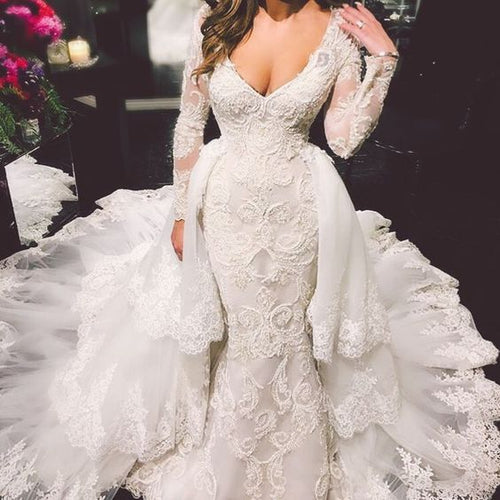 detachable skirt wedding dresses for bride lace appliqué 2020 long sleeve v neck elegant wedding gown 2021