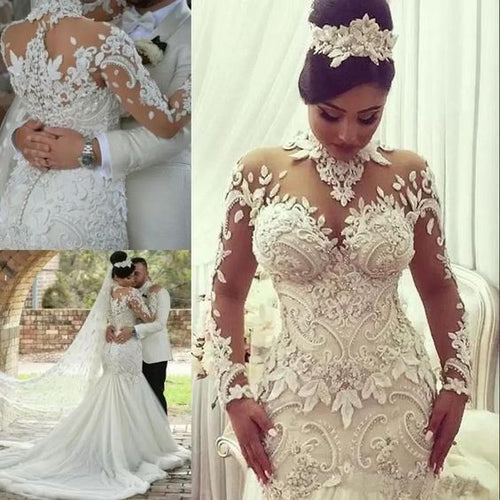 off white wedding dresses 2020 high neck luxury lace appliqué mermaid beaded elegant wedding gown