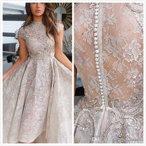 vintage prom dresses cap sleeve lace applique knee length elegant champagne prom gown short