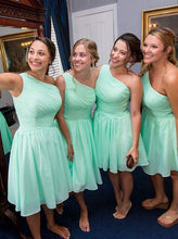 Load image into Gallery viewer, mint green bridesmaid dresses short chiffon one shoulder cheap a-line wedding party dresses