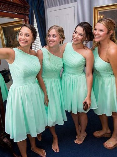 mint green bridesmaid dresses short chiffon one shoulder cheap a-line wedding party dresses