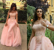 Load image into Gallery viewer, boat neck detachable skirt prom dresses 2020 lace applique short sleeve pink prom gown 2021