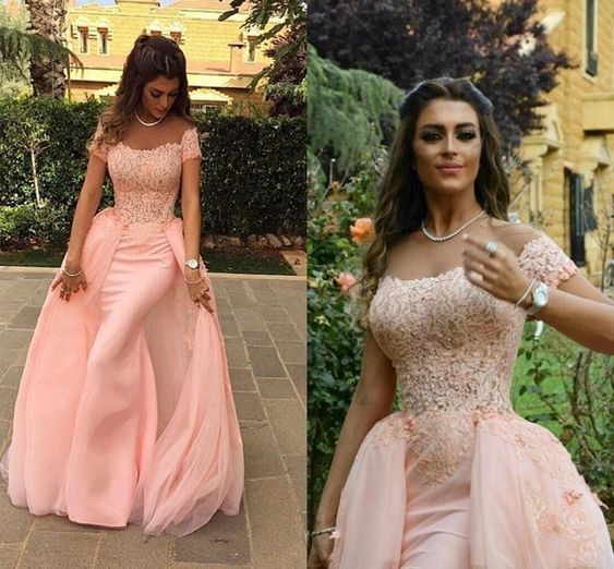 boat neck detachable skirt prom dresses 2020 lace applique short sleeve pink prom gown 2021