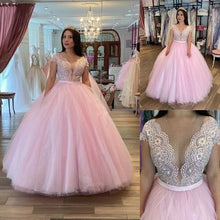 Load image into Gallery viewer, sweet 18 dresses plus size prom dresses ball gown pink lace appliqué beaded cap sleeve elegant prom gowns