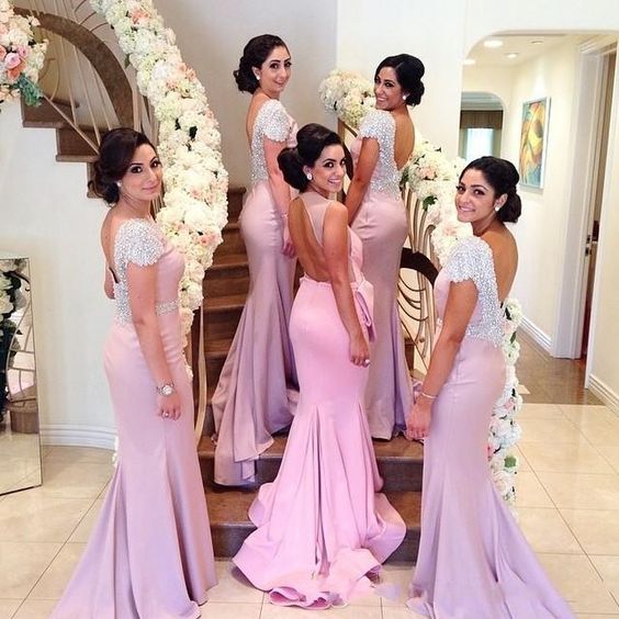 cap sleeve pink bridesmaid dresses 2021 long beaded mermaid elegant simple wedding guest dresses