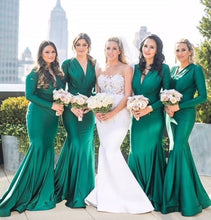 Load image into Gallery viewer, long sleeve green bridesmaid dresses 2020 v neck mermaid elegant winter wedding party dresses 2021