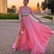 Load image into Gallery viewer, hot pink beaded 2 piece prom dresses long sleeve floral crystal sparkly elegant prom gown