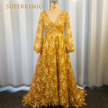 Load image into Gallery viewer, golden sparkly prom dresses long sleeve v neck elegant vintage lace applique prom gown robes de cocktail