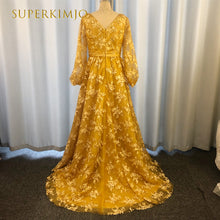 Load image into Gallery viewer, golden sparkly prom dresses long sleeve v neck elegant vintage lace applique prom gown robes de cocktail