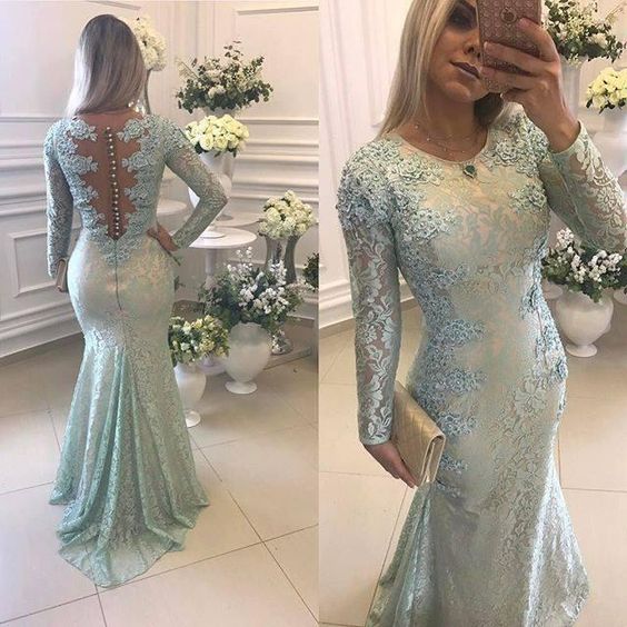 long sleeve blue evening dresses 2020 mermaid Lace Applique beaded modest elegant evening gown 2021