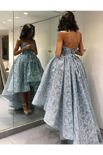 Load image into Gallery viewer, dusty blue prom dresses long high low lace appliqué 3d flowers elegant cheap prom gown vestido de Longo