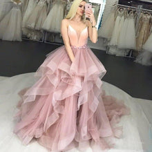 Load image into Gallery viewer, tiered prom dresses ball gown dusty pink spaghetti straps elegant simple prom gown abendkleider