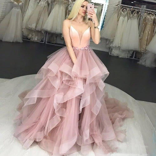 tiered prom dresses ball gown dusty pink spaghetti straps elegant simple prom gown abendkleider