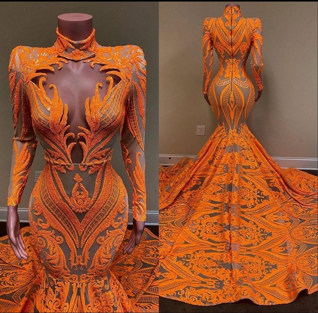 2022 elegant evening dresses long sleeve high neck orange lace applique modest luxury formal evening gown 2021
