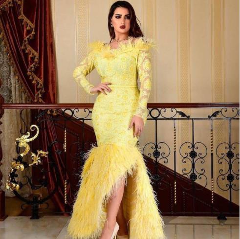 feather evening dresses long sleeve yellow mermaid modest lace applique elegant luxury evening gown formal dress