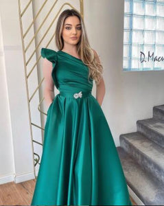 one shoulder green prom dresses with pocket 2022 satin cheap a line prom gowns 2021 vestido de longo