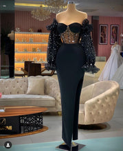 Load image into Gallery viewer, black evening dresses 2021 long sleeve off the shoulder beaded mermaid modest elegant evening gown 2022