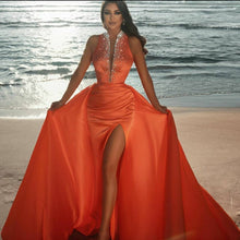 Load image into Gallery viewer, orange beaded prom dresses with detachable skirt crystals sparkly elegant sexy prom gowns