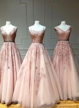 Load image into Gallery viewer, dusty pink prom dresses long pageant dresses for women lace applique elegant cheap simple prom gowns