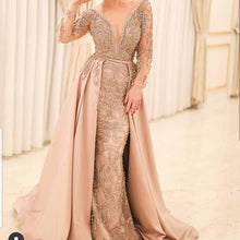 Load image into Gallery viewer, champagne prom dresses with detachable skirt 2021 beaded deep v neck elegant arabic evening gown