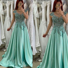 Load image into Gallery viewer, turquoise blue prom dresses Lace Applique beaded cap sleeve elegant a line prom gown vestido de longo