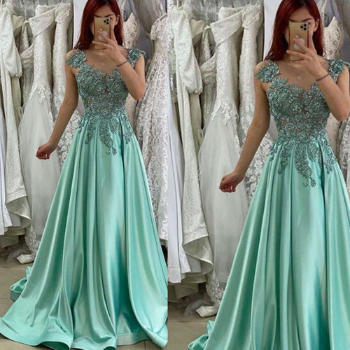 turquoise blue prom dresses Lace Applique beaded cap sleeve elegant a line prom gown vestido de longo