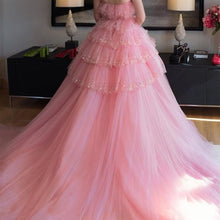 Load image into Gallery viewer, sparkly tiered prom dresses ball gown pink strapless elegant sequin cheap prom gown 2021